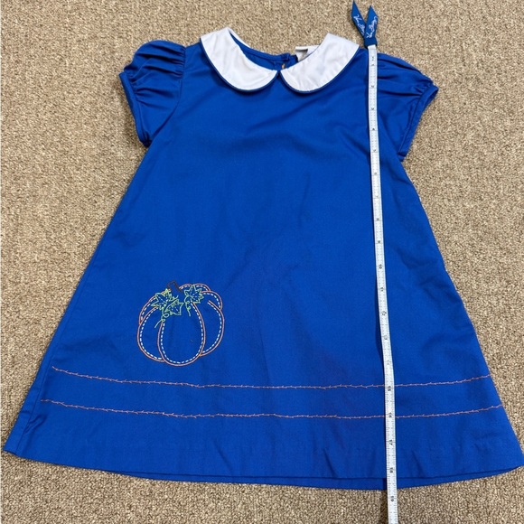 The Proper Peony: White Collar Blue Dress with Pumpkin Embroidery, Size 2T - Picture 5 of 6